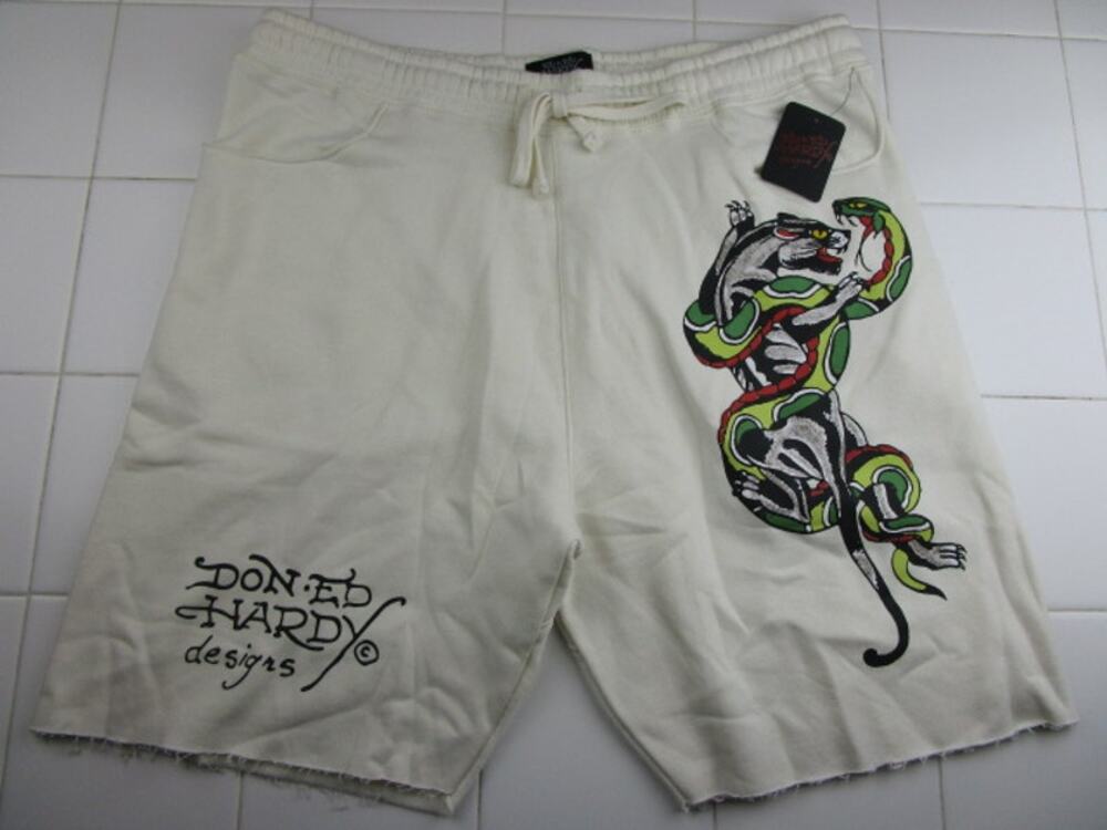 Ed Hardy Panther Snake Tattoo The Corps Print Fleece Shorts Ivory Men's XL